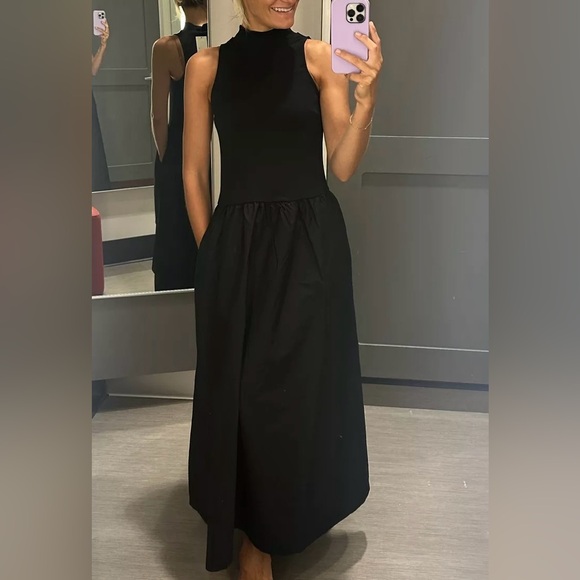 Drop waist contrast black mock neck sleeveless midi dress with side pockets - Picture 3 of 8